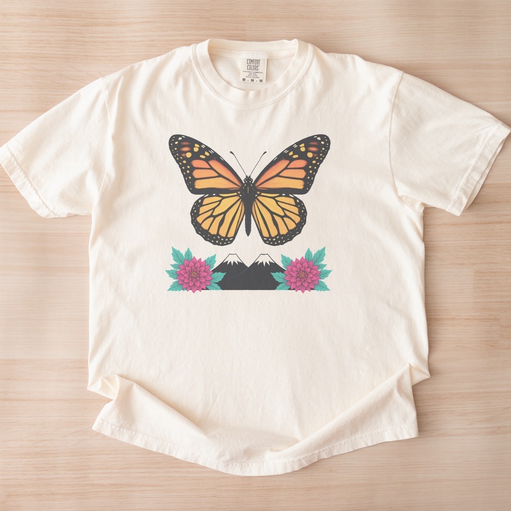 Butterfly Rising Over Dahlia and Mountain Band Tee